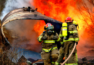 wildfire firefighters coordinating response during active fire management